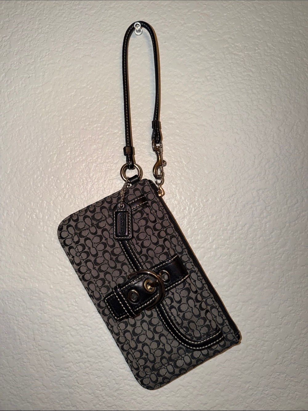 Coach Black Signature Print Wristlet with Leather Trim